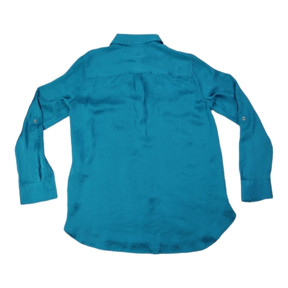 DKNY peacock colored Sz XS button up blouse Roll Up Long Sleeve Silky Feeling - Picture 5 of 15